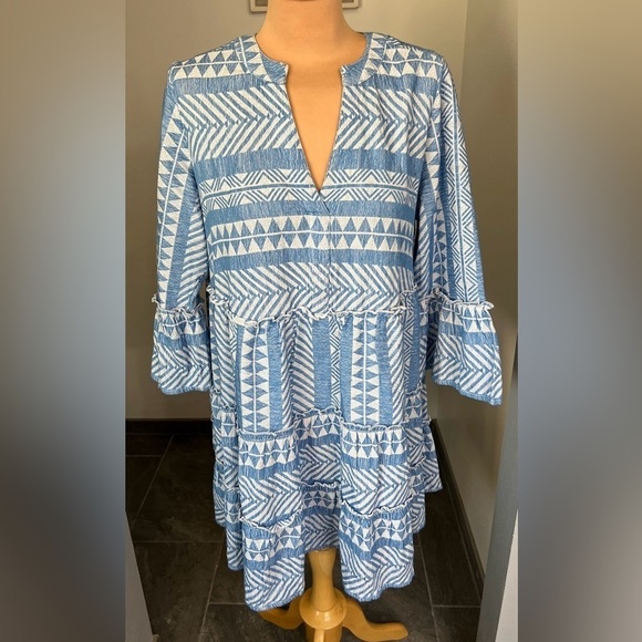 Mudpie Geometric Print Tiered Babydoll Shift Dress With Flare Sleeves - Picture 1 of 9